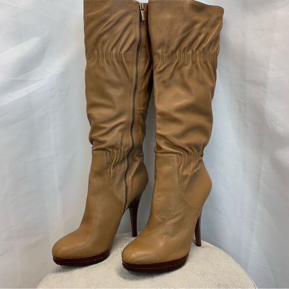 MICHAEL Kors camel brown leather high heel platform slouchy ruched boots Sz 10 - Picture 13 of 13